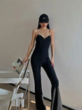 Anokhinaliza Western Style Black High-end V-neck Jumpsuit Women's Summer Slim Fit Sexy Suspender Jumpsuit Flared Wide Leg Pants