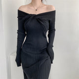 Anokhinaliza - New  Autumn Winter Long Sweater Dress Women Slash Neck Cross Elegant Knitted Dresses Rib Cotton Maxi Dresses Female