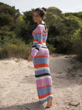 Anokhinaliza Crochet Knitted  Hollow Out Long Dress O Neck Wrap Hip Color Striped Patchwork Maxi Dresses Women Beach Vacation Casual Vestido