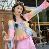 Anokhinaliza Harajuku Y2k Rainbow Knitted Cardigan Women Kawaii Lace-up Hplloow Out Ruffle Flare Long Sleeve Sweater Coat Casual Knitwear Top