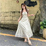 Anokhinaliza Summer Holiday Floral Print Lace Patchwork Midi Dress Flying Sleeve Square Collar Beach Party Dress Fashion A Line Photo Dress