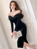 Anokhinaliza Elegant Sequins Velvet Midi Dress Office Lady Off Shoulder Black Bodycon Evening Vestidos Spring Autumn Female Formal Clothes