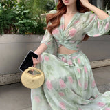 Anokhinaliza Summer New Korean V-neck Pleated Floral Casual Long-sleeved Shirt Women + Lace-up Pleated Loose A-line Skirt Two-piece Suit