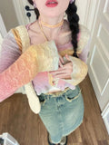 Anokhinaliza Y2K Aesthetic Rainbow Cropped Cardigan Women Harajuku Vintage Hollow Out Knitted Sweater Korean Slim Flare Sleeve Tops