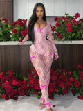 Anokhinaliza See Through Mesh Sexy Jumpsuit Women Bow Splice Long Sleeve Bodycon One Piece Hot Girl Party Sexy Club Overalls For Woman