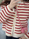 Anokhinaliza - Striped Panelled Soft Elegant Cardigan Sweater Women's Vintage Cropped Sweet Girlish Popular Temper Y2k Clothes 5R315