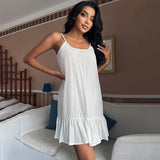 Anokhinaliza Backless White Suspender Short Dress With Ruffles For Women's Home Wear Nightgown Loose Casual Dress Pullover Summer