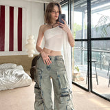 Anokhinaliza Summer Women Lace Patchwork Slash Collar Skinny Crop Top Sleeveless Ribbon Slight See Through Mesh Tops For Girl Casual