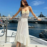 Anokhinaliza White Maxi Beach Dress for Women Fashion Hollow Out Slim Holiday Dresses Summer Sexy See Through Irregular Party Dress