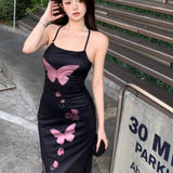 Anokhinaliza Sexy Black Party Dresses Women Mesh Butterfly Print Elegant Maxi Dress Vintage Slim Up Fashion Vacation Dress Summer