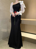 Anokhinaliza France Elegant Patchwork Mermaid Long Dress Women Fashion Black Evening Party Vintage Dresses Spring Summer Bodycon Clothing