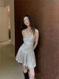 Anokhinaliza Sexy Satin Mini Dress Summer 2024 Women Evening Party Dress Y2k Backless Beach Dresses Ruffle Bandage Korean Fashion