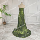 Anokhinaliza  Gorgeous Green Strapless Corset Back Glitter Sequin Lace Mermaid Evening Dress Side Slit Long Prom Gown For Party Events