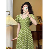 Anokhinaliza Summer Party Dress Women Vintage Elegant Slim Lace V-Neck Green Plaid Long Dress High Waist Birthday Evening Party Midi Dress