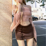 Anokhinaliza Summer New Streetwear Bow Splicing Pleated Sexy Short-sleeved T-shirt Women + High Waist Casual A-line Skirt Two-piece Suit