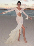 Anokhinaliza Deep V Neck Sheer Dress For Women Elegant Slim Hollow Out Dress Femme Holiday Beach Sexy Ruffle Slit Evening Dress Ladies