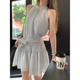 Anokhinaliza Korean Bow Lace-up Casual Halter Mini Dress Women 2024 Summer New Streetwear O-neck Sexy Slim Pleated Striped Sleeveless Dress