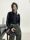Anokhinaliza Y2K Vintage Zip Up Cropped Hoodie Women Korean Fashion Striped Black Jackets Female Kpop Egirl Harajuku Sweatshirt Sping
