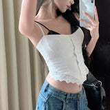 Anokhinaliza Vintage Lace Splicing White Casual Irregular Camisole Women 2024 Summer New Korean Single-breasted Sexy Slim Crop Tops