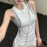 Anokhinaliza High Street Contrast Color Patchwork Casual Camisole Women Fake Two-piece Backless Sexy Slim All Match Tops