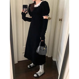 Anokhinaliza Korean Retro Velvet Elegant Puff Sleeve Dress Women 2024 Spring New O-neck Contrast Color Patchwork A-line Dress with Sleeves