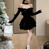 Anokhinaliza Off-shoulder Sexy Slim Velvet Black Long-sleeved Dress Women 2024 Spring New Korean Fashion Bow Pleated Halter Party Dress