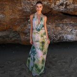 Anokhinaliza Tie Dye Green Print Two Piece Skirt Set Women Deep V Maxi Long Skirt And Top Vacation 2024 Summer Beach Dresses