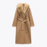 Anokhinaliza Fashion Plush Turndown Collar Women's Coat Elegant Retro Solid Color Long Coats with Belt Women Winter Warm Windproof Overcoat