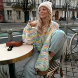 Anokhinaliza Fashion Ladies V-Neck Long Sleeve Cardigan Autumn Streetwear Loose Coats Elegant Rainbow Crochet Hollow Knitted