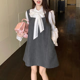 Anokhinaliza Autumn New Korean Fashion Bow Lace-up Cute Solid Color Long-sleeved Shirt Women + Loose Casual Sling Dress Two-piece Suit