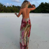 Anokhinaliza Fashion Flower Print Beach Dress Women Sexy Halter Backless Maxi Holiday Dresses Summer Casual Loose Bikini Cover Up Dress