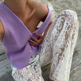 Anokhinaliza Women Y2k Crochet Vest Top Vintage Solid Color V Neck Sleeveless Button Down Crop Tops Sweater Waistcoat Vintage Streetwear