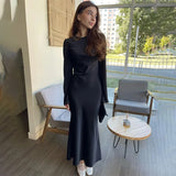 Anokhinaliza Fashion Slim Maxi Dress For Women Long Sleeve High Waist Elegant Solid Party Dress Casual Luxury Ladies Autumn Dress