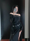 Anokhinaliza Elegant Sexy Bodycon Mesh Dress Women Party Prom Split with Belt Black Vintage Y2k Lace Maxi Dresses Female Streetwear