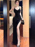 Anokhinaliza Sexy High Split Halter Black Dresses for Women Evening Party Dress Backless V-neck Sequined Prom Robe Slim Summer Vestidos Mujer