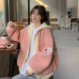 Anokhinaliza Autumn And Winter New Korean Fake Two Pieces Lamb Wool Plus Size Loose Hooded Sweater Female Y2k Retro Fashion Casual Loose Coat