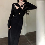 Anokhinaliza Vintage Hollow Strapless Sexy Slim Long-sleeved Dress Women Autumn New Korean Pleated Solid Color Elegant Mid-length Dress