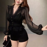 Anokhinaliza Autumn New V-neck Hollow Lace Splicing Solid Color Casual Long-sleeved Shirt Women + Sexy Slim Camisole Two-piece Suit