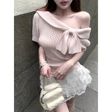 Anokhinaliza Summer New Off-shoulder Bow Splicing Hollow Knitted Short-sleeved T-shirt Women + Lace-up Casual Cake Skirt Two-piece Suit