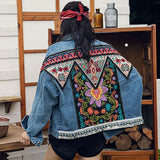 Anokhinaliza Boho Denim Jacket for Women Autumn Floral Appliques Embroidery Vintage Coat Long Sleeve Outerwear Female Jacket Coatee