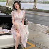 Anokhinaliza Summer V-neck Print Dress French Style Women Elegent Party Pink Midi Dress Female Fashion A Line Holiday Korean Clothes Vestidos