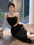 Anokhinaliza Women's Vintage Strap Slim Dress Hollow Out Evening Party Chain Belt Lady Clothing Fashion Female Hottie High Slip One Piece