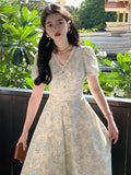 Anokhinaliza Korea Elegant Printed Dress Women Fashion Retro Puff Sleeve V Neck Midi Dress A Line Sundress Vestidos Lace Office Lady Dress