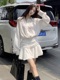 Anokhinaliza Women Casual White Shirt Mini Dress Korean Fashion Preppy Style Y2K Ruffles Dresses Spring Summer Office Lady Elegant Clothes