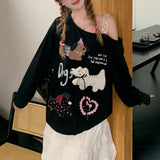 Anokhinaliza Streetwear Strapless Cartoon Printed Sexy Long-sleeved T-shirt Women Autumn American Lace Patchwork Loose Casual Tops