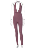 Anokhinaliza 2024 Fashion Halter V-neck Backless Jumpsuits for Women Fashion Sexy Sleeveless Lace-up Backless Folds Sports Fitness Bodysuit