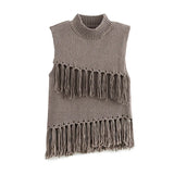 Anokhinaliza Faashion Knitted Slanted Tassel Women's Pullover Tops Casual Solid Color Sleeveless Sweater Women Retro Slim Fit Vest Sweaters