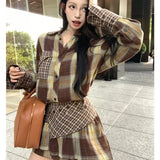 Anokhinaliza Autumn New Polo Collar Contrast Color Plaid Loose Long-sleeved Shirt Women + Casual Irregular A-line Skirt Two-piece Suit