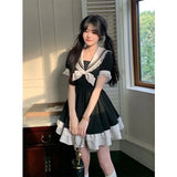 Anokhinaliza Black Dress Women Bow Japanese Cute Lolita Dress Women Sweet lace Puff Sleeve Student Dresses Party Sailor Collar Kawaii Dress