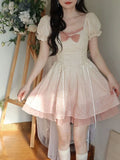 Anokhinaliza Bubble Sleeve Kawaii Lolita Mini Dress Women Pink Bow Princess Sweet Party Cute Dress A-Line Elegant Fairy Dress 2024 Spring New